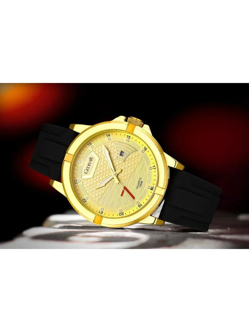 Mens Black Gold Analog Quartz Silicone Band Unique Design Waterproof Wrist Watch